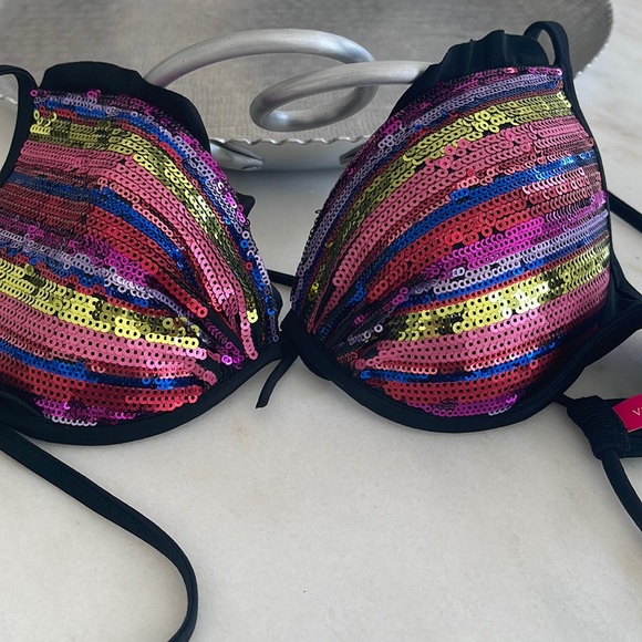 Victoria Secret sequin multi color bathing suit top sz 34B string closures - Picture 1 of 7